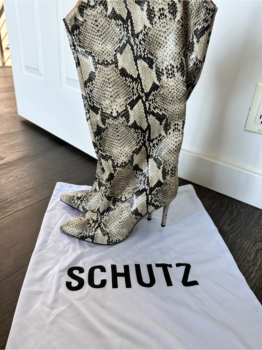 SCHUTZ Snake-Print Knee High Stilettos in Beige and Black - Picture 3 of 8